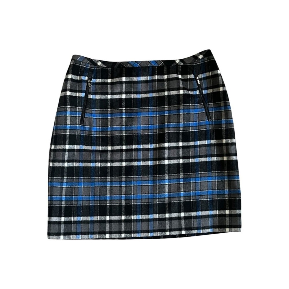 Talbots Woman Blue Black Plaid Wool-Blend Zipper Detail Lined Skirt Size 14W